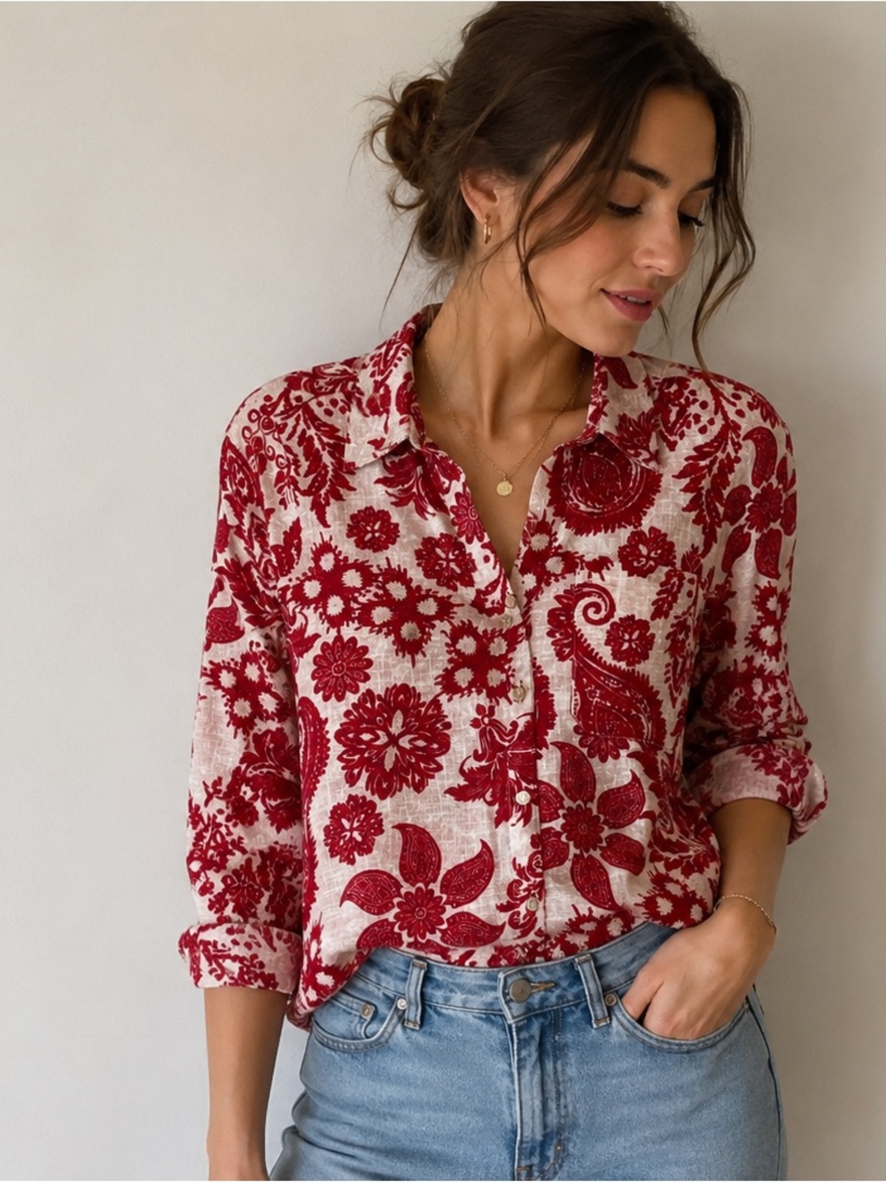 Red Floral Print Button-Down Shirt - Women's Cotton Blend Top